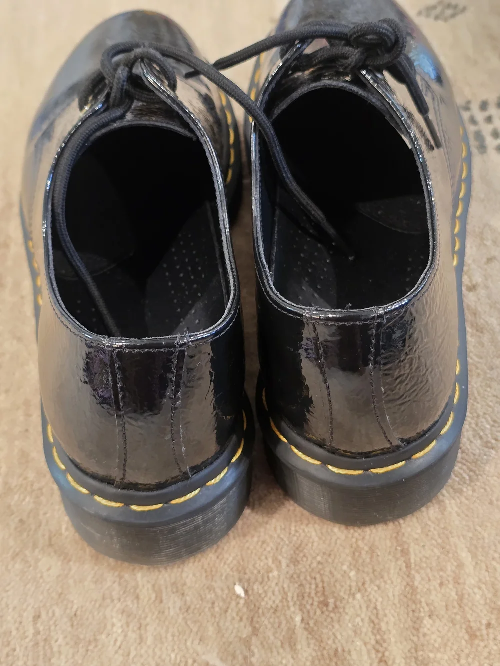 Dr. Martens Black Patent Leather Lace-Up Oxfords with Yellow Stitching